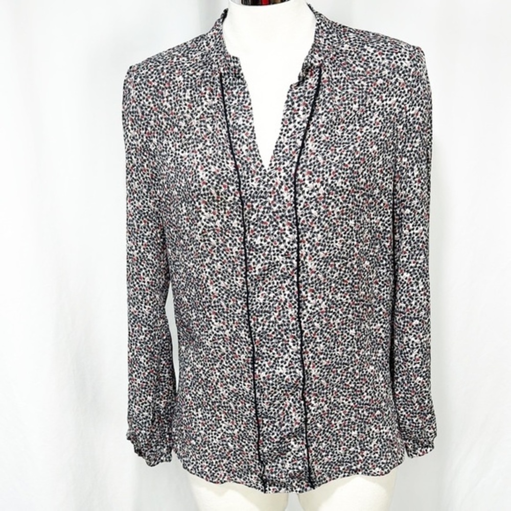 Women's Long Sleeve Printed Blouse - Black & White with Red Accents